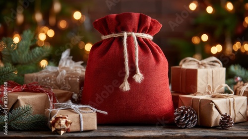 Wallpaper Mural A red bag with a white string is sitting on a table next to several presents. The presents are wrapped in brown paper and are placed in a pile Torontodigital.ca