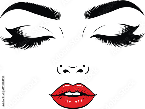 Vector Illustration of Woman's Face with Closed Eyes, Dramatic Eyelashes, and Glossy Red Lips