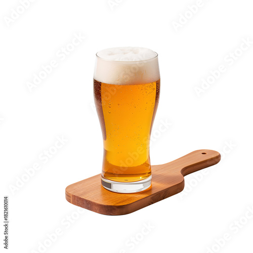 Refreshing Golden Beer Served in a Glass on a Wooden Board