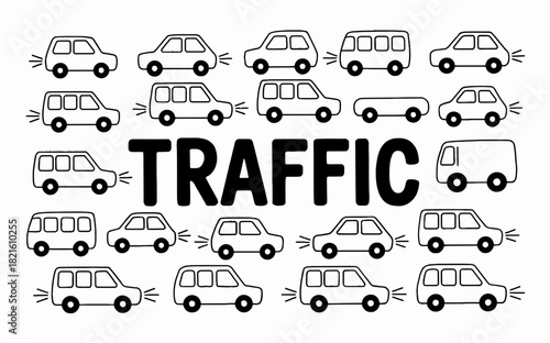 Black and white illustration showing traffic with various vehicles surrounding the word traffic signifying congestion