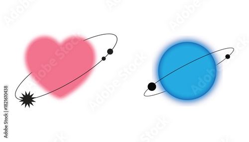 Cosmic Love and Planet Icon Set with Orbital Elements