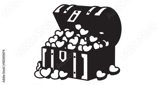 Illustration of a treasure chest overflowing with coins, classic black and white icon.