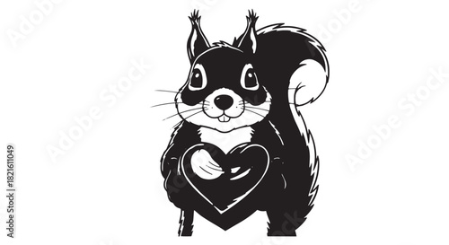 Cute black and white cartoon squirrel holding a heart in a friendly woodland illustration.