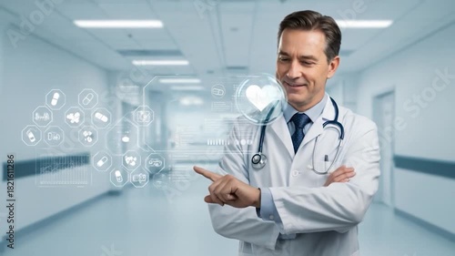 A smiling doctor in a hospital hallway interacts with an overlay of health-related icons, pointing at a glowing heart symbol