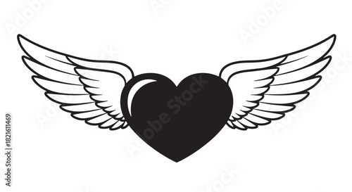 Winged Heart Illustration: Black Heart with Outstretched Wings, Symbolic Design for Romance and Fantasy Concepts.