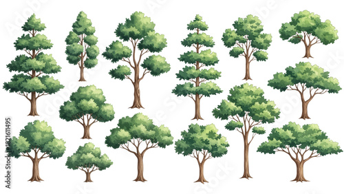 watercolor of tree side view isolated on white background for landscape and architecture drawing, elements for environment and garden, painting botanical for section