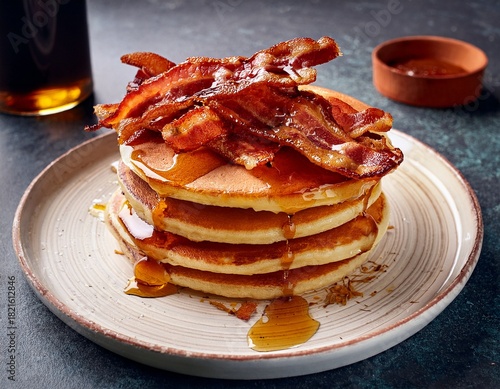 stacked pancakes topped with crispy bacon and syrup
