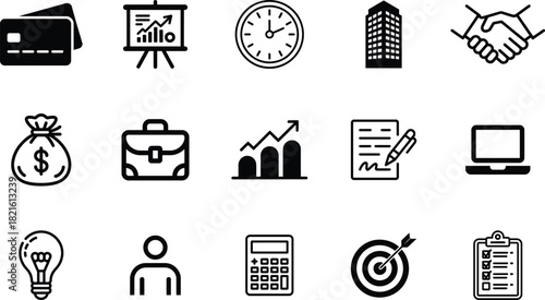 Black and White Business Icons Depicting Finance, Planning, Collaboration, and Success Elements