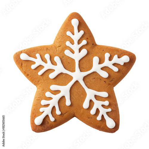 A Star-Shaped Gingerbread Cookie Features Intricate White Icing Designs Resem...