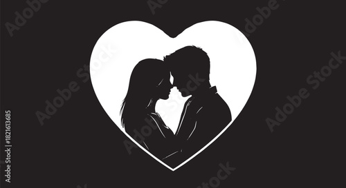 Silhouette of a Couple Kissing Within a Heart Shape, Romantic Embrace in a Dark Background.