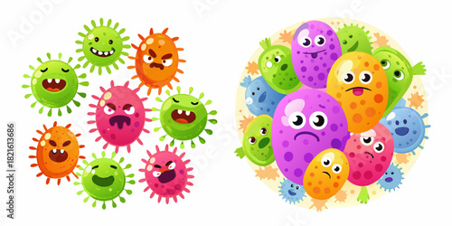 Cartoon illustrations of viruses and germs with various facial expressions and emotions
