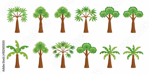 Collection of various cartoon trees isolated on white background vector illustration