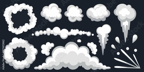 Cartoon smoke and steam clouds vector set on dark background