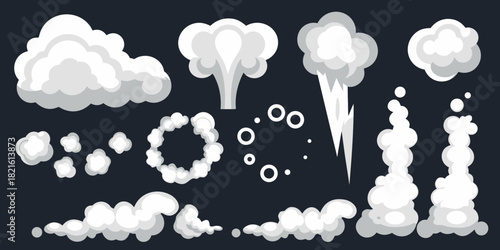 Cartoon smoke and cloud effects collection on dark background