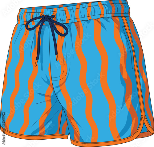 Wavy Striped Swim Shorts Vector Illustration, Bright Orange and Blue Summer Beachwear Apparel