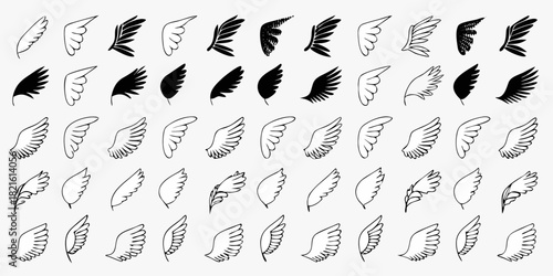 Collection of hand drawn wings in various styles on white background