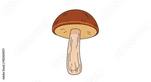A simple cartoon illustration of a brown mushroom with a light-colored stem against a white background.