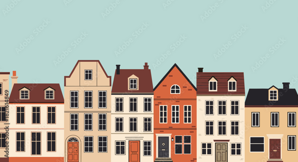 Fototapeta premium Row of charming, colorful cartoon houses with pitched roofs and multiple windows against a pale blue sky.