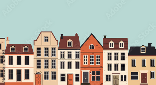 Row of charming, colorful cartoon houses with pitched roofs and multiple windows against a pale blue sky.