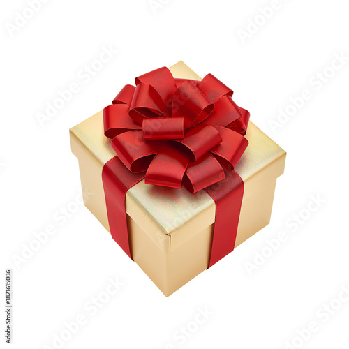 Beautiful Golden Gift Box Topped With a Red Bow Ready for Celebration and Giving