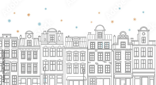 Line art illustration of Dutch-style buildings with snowflakes falling in winter.