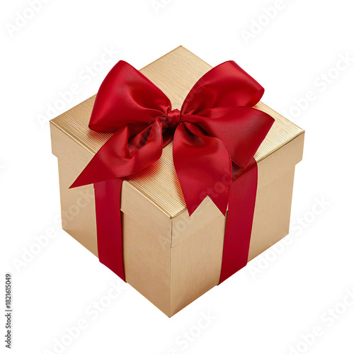 Beautiful Golden Gift Box Topped With a Red Bow Ready for Celebration and Giving
