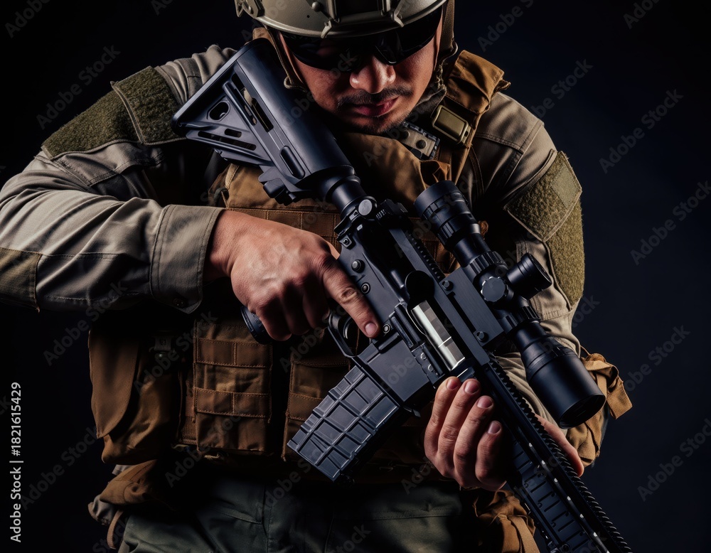 Obraz premium Soldier Handling Weapon in Tactical Gear in Dark Environment