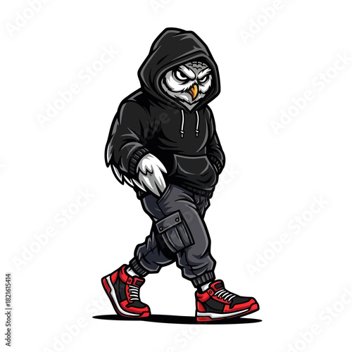 Cool owl character in a black hoodie, cargo pants, and red sneakers walking with a confident street style.