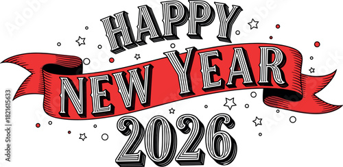 Happy new year 2026 graphic with red banner and star decorations on white on transparent background