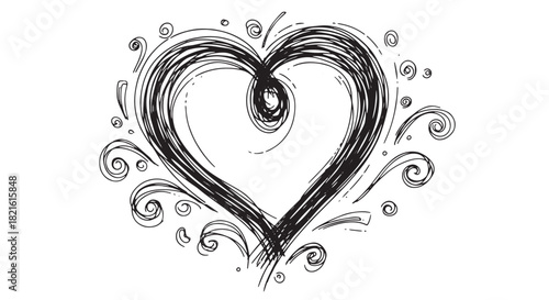 Handdrawn ornamental heart sketch with swirls and flourishes.