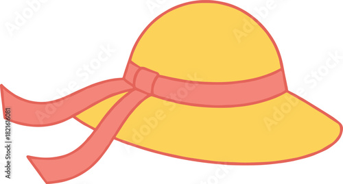 Wide-Brimmed Yellow Sun Hat Vector with Pink Ribbon, Ideal Summer Vacation and Beach Accessory