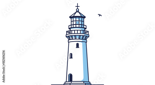 A stylized illustration of a white lighthouse with blue accents and a small bird flying nearby.
