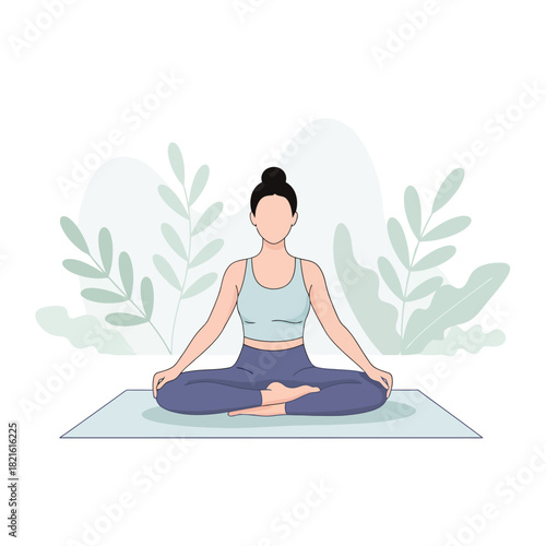 A woman meditating in a lotus yoga pose on a mat with a calm, leafy background.