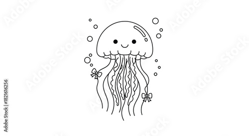 Cute cartoon jellyfish with bows and bubbles, simple line art illustration.