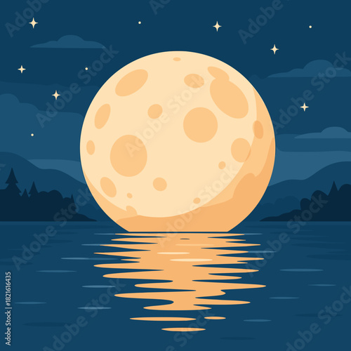 Full moon reflecting on a calm lake at night with stars