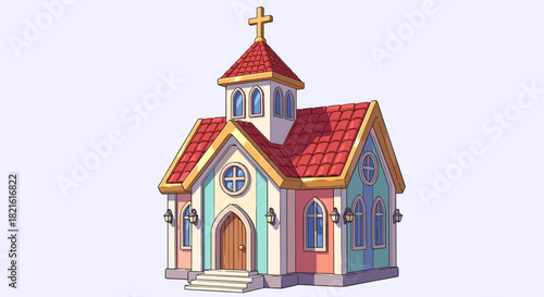 Charming Cartoon Church Building Illustration Amidst a Peaceful Ambiance: A Whimsical Architectural Design for Religious Presentation, Faith-Based Education Material, and Inspirational Website Design,