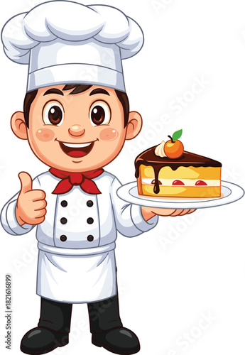 Cheerful Baker Presenting Delicious Cake in Kitchen: Joyful Cartoon Chef with Dessert, Sweet Treat, Bakery Product, Smiling and Giving a Thumbs Up for Culinary Arts, Recipe Illustration, Happy Confect