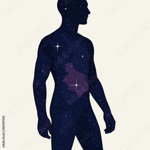 Silhouette of a man with cosmic stars and nebulae inside on a light background