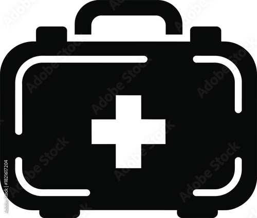 Vector black first aid kit icon with a white cross, symbolizing emergency medical care, health assistance, and safety
