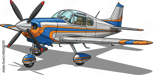 Detailed Illustration of a Classic Single-Engine Airplane in Flight Showing Aviation Travel and Transportation, Ideal for Aerospace Education, Flight Simulation, Graphic Design, And Marketing Material
