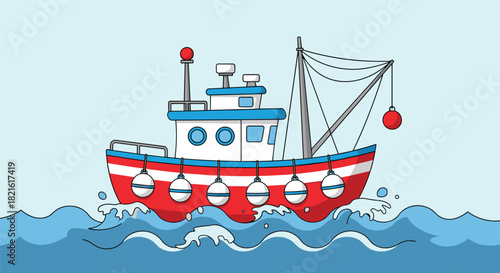 Cartoon Fishing Boat Bobbing on Blue Ocean Waves: A Cute, Whimsical Illustration for Children's Education & Nautical-Themed Marketing. Fun Vector Art for Presentations, & Coastal Advertising, Featurin