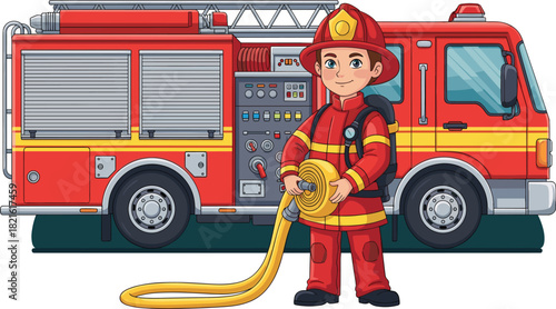 Young Firefighter Holding Hose Near Fire Engine, Ready for Action in Town: Safety Awareness, Bravery, Community Service, Cartoon Illustration for Children's Book, Educational Material, Presentation, P