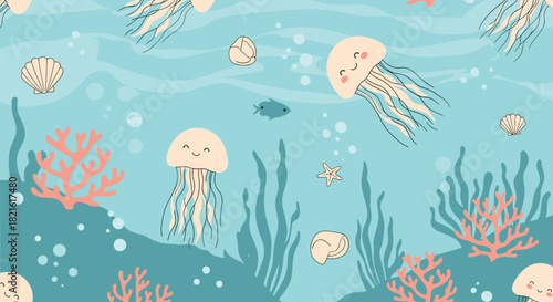 Cute underwater scene with jellyfish, coral, shells, and a small fish swimming amongst seaweed.