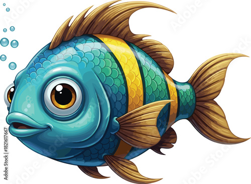 Whimsical Cartoon Fish Swimming Underwater with Bubbles,  Aquatic Animal in Colorful Coral Reef Habitat, Marine Wildlife Illustration for Children's Book, Animated Creature for Educational Project, Pe