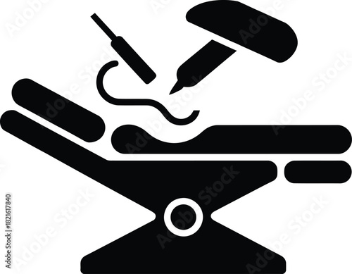 Vector dental chair with instruments for examination and treatment, symbolizing dentistry and oral health isolated on white