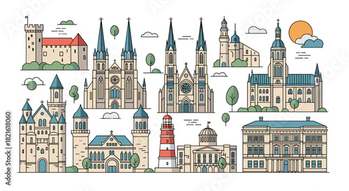 Collection of diverse historical European buildings and landmarks in a flat design style.