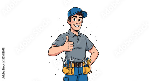 Confident Cartoon Handyman Giving Thumbs Up on White Backdrop - Skilled Technician Expressing Approval for Home Repair Services, Plumbing Solutions, Electrical Maintenance, and Professional Assistance