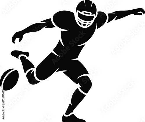 Vector silhouette of an american football player kicking a football during a game, isolated on white background
