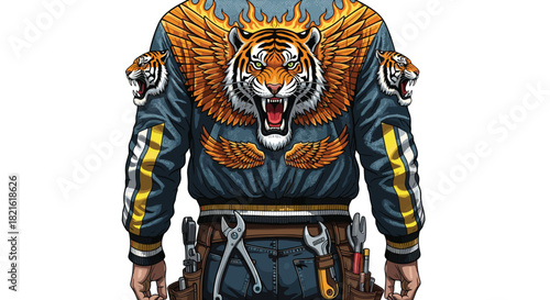 Illustrative Tradesman with Tiger Jacket and Tool Belt, Maintaining Infrastructure, Conceptual Illustration for Skilled Labor Advertising and Construction Industry Promotion, Modern Graphic Resource w