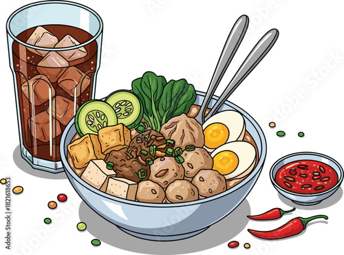 Delicious Bakso Soup Bowl Illustration with Ice Drink Presentation: Indonesian Meatball Soup, Noodles, Tofu, & Egg Culinary Delight, Perfect for Restaurant Menus, Food Blogs, Asian Cuisine Ads, Recipe